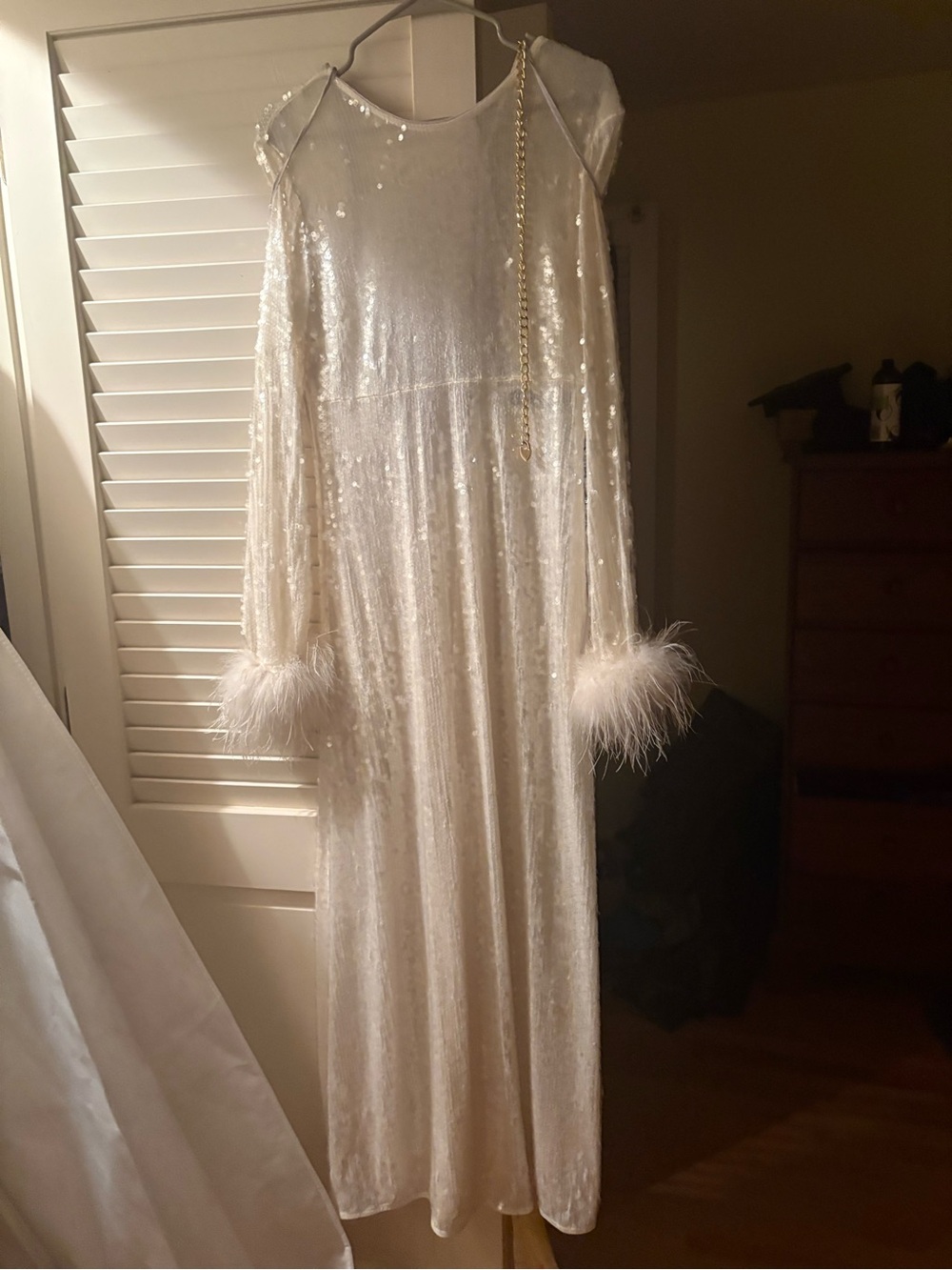 House of Harlow 1960 White Sequin Feather-Cuff Maxi Dress
